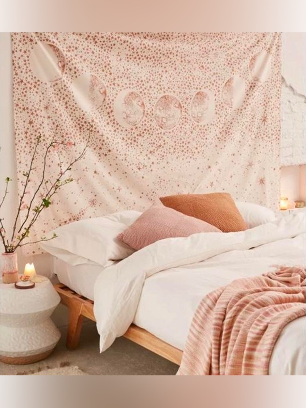 Boho Stars & Moon Phases Wall Tapestry in Rose Gold/Pink/White